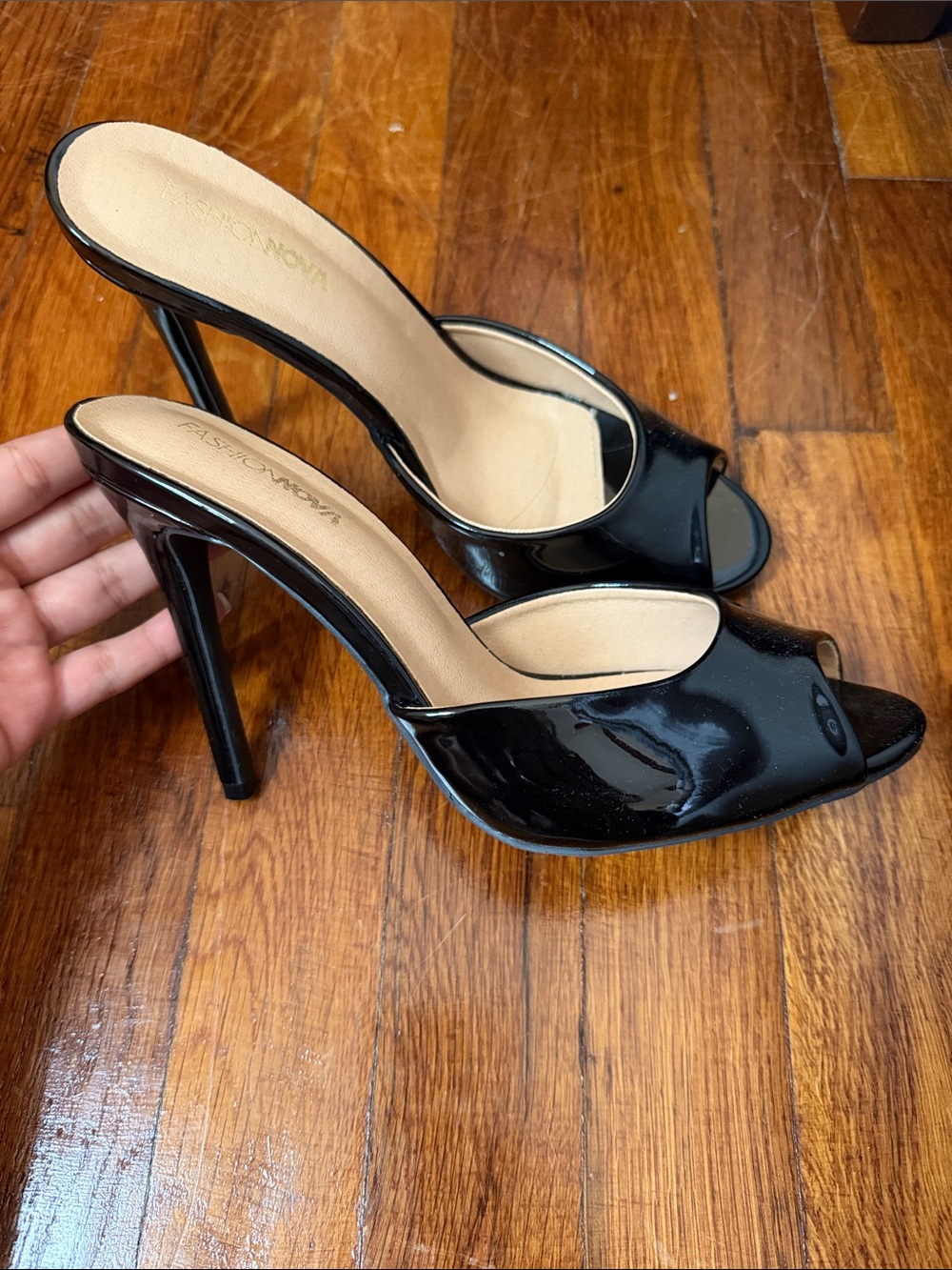 Fashion Nova Black Patent Peep-Toe Stiletto Mules